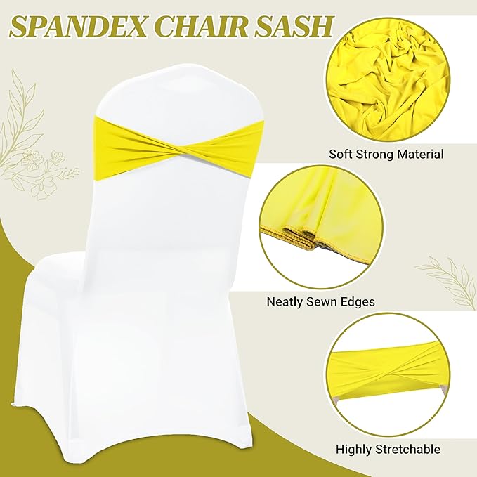 VDS Pack of 100 PCS | Yellow | Spandex Chair Sashes Bows Without Buckle | Stretch Elastic Banquet Universal Folding Chair Band Tie with for Wedding Party Conference Celebration Event Decoration