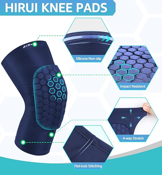 HiRui Knee Pads for Kids Youth Adult, Basketball Baseball Knee Brace Knee Support, Collision Avoidance Kneepad Compression Knee Sleeve for Volleyball Football Cycling Running-1Pair (Navy Blue, 2XL)