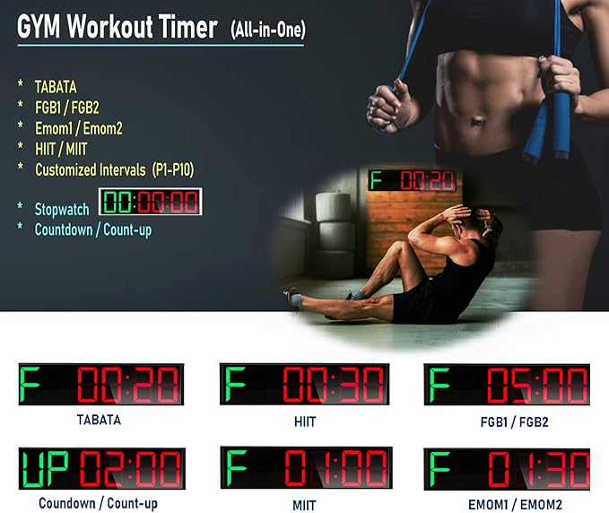 26'' Huge Home Gym Interval Workout Timers, Digital Wall Clock, with Countdown, Stopwatch, 7-Color Light, 8-Alarms, Calendar/Temperature Display, for HIIT/Tabata/FGB/EMOM (Green & Red)