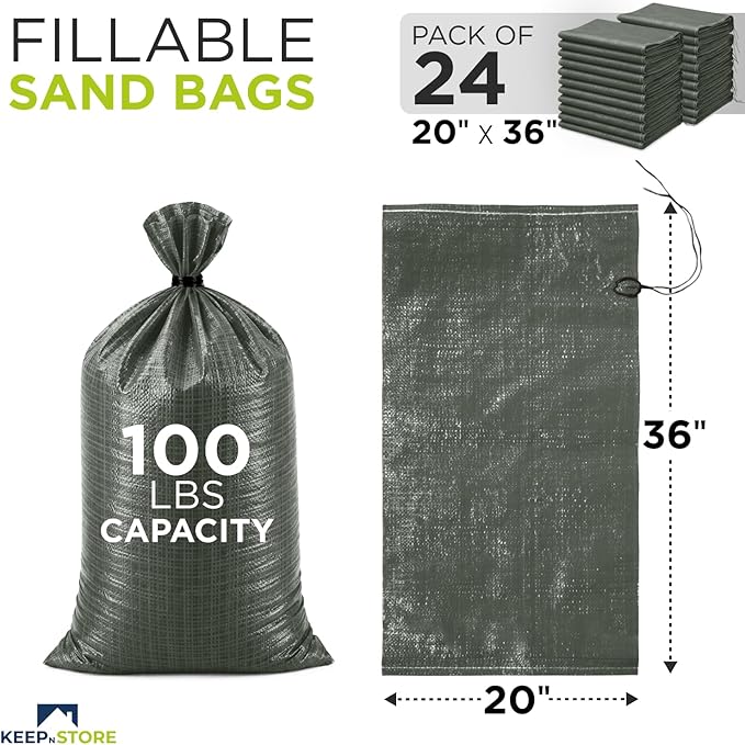 Heavy Duty Sand Bags Pack of 24, Army Green Empty Sandbags with Built-In Ties, Woven Polypropylene UV Protection 1600 Hours, Fillable Bags for Flood Control, Weight, 20x36 inches, 100 Pounds Volume