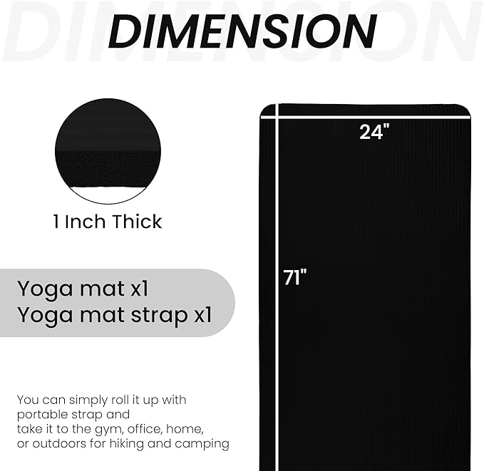 Signature Fitness 71x24 Inches Extra Thick Yoga Mat 1-Inch High-Density Foam – Roll-Up Exercise Pad with Double-Sided Non-Slip Surface and Carrying Strap for Pilates and Home Workouts, Multiple Colors