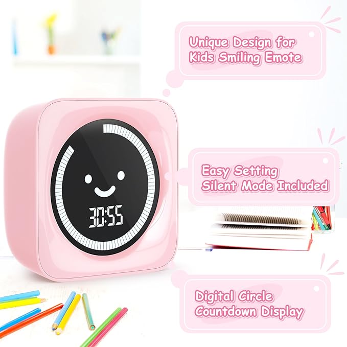 Visual Timer for Kids, 99 Minute Digital Cute Kids Visual Timer Classroom Timer for Homeschool Supplies Study Teaching Time Management Tool Countdown Count Up Timer, Pink