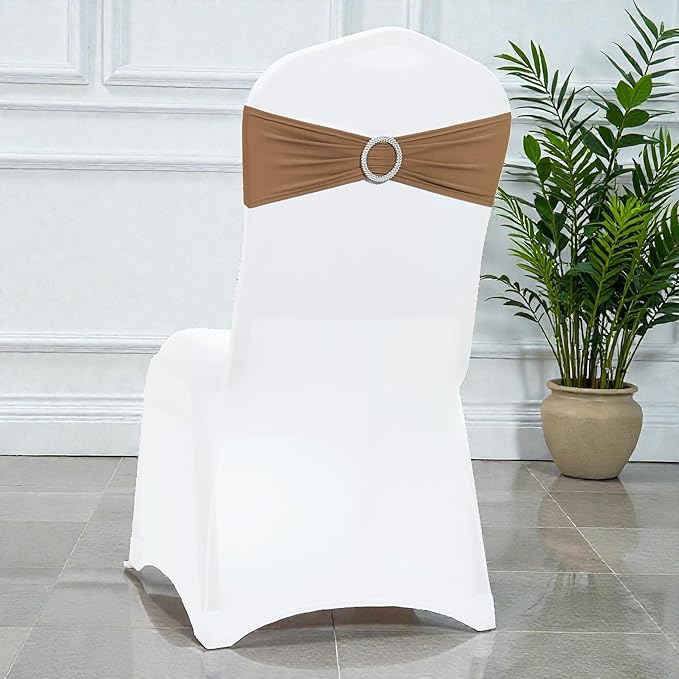 VDS - Mocha | Spandex Chair Sashes Bows | 250 PCS | Stretch Elastic Banquet Universal Folding Chair Band Tie with Silver Buckle Slider for Wedding Party Conference Celebration Event Decoration