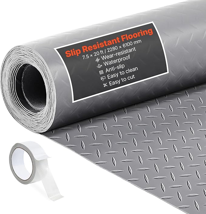 VEVOR Garage Floor Roll, 7.5 x 20 ft Garage Flooring Mat, 2.2 mm Thickened PVC Diamond Plate Floor Protector Mat with Double-Sided Tape, Non-Slip, Easy to Clean for Warehouse, Gyms,Silver Gray
