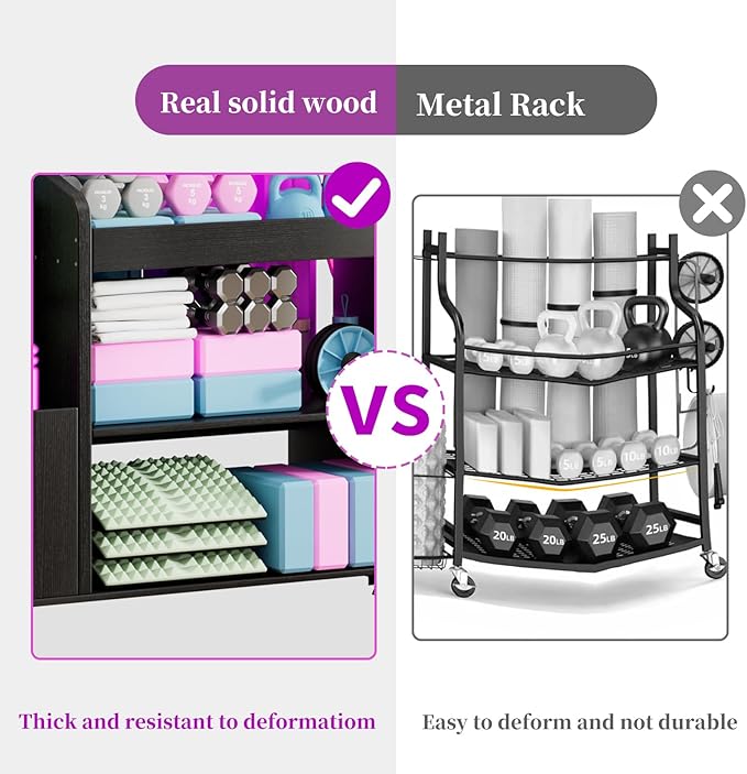 Home Gym Storage Rack Yoga Mat Holder with Wheels and Hooks, All in One Workout Storage for Yoga Mat, Foam Roller,Small Dumbbells, Kettlebel Gym Organizer Storage for Home Exercise(Wood)