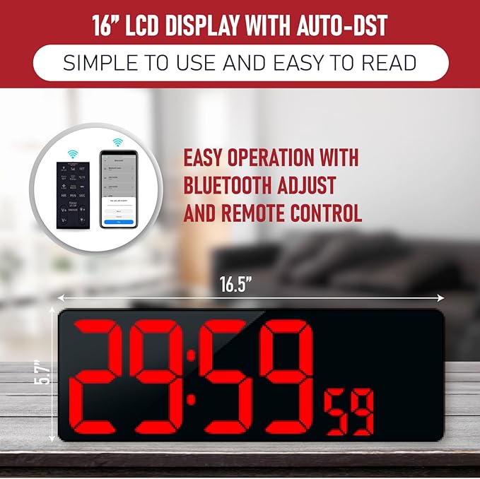 TXL 17.2'' Bluetooth Large LED Digital Wall Clock, Large Display Date and Temperature,Count Up/Down Timer Clock with Remote Control, Adjustable Brightness Alarm Clock for Home, Office, Gym, Elderly