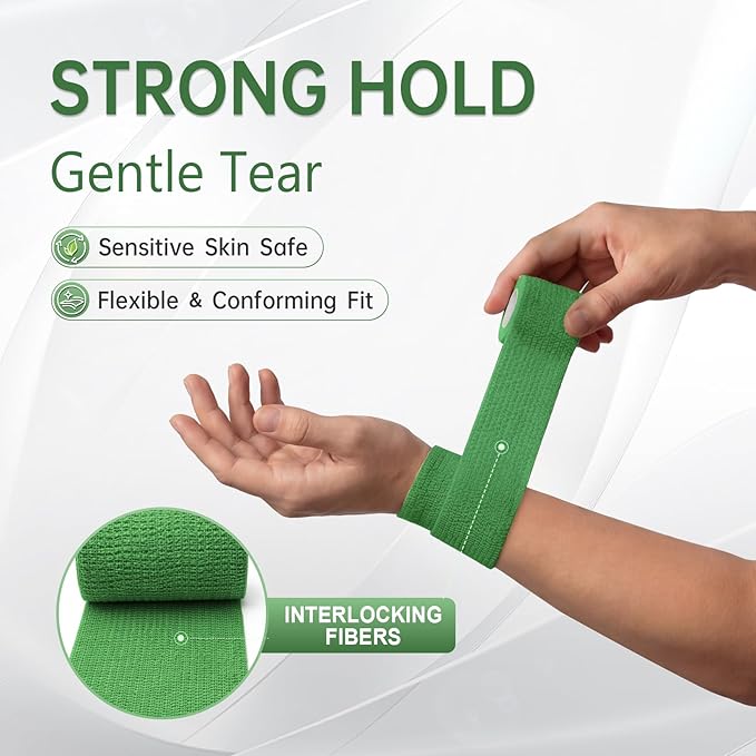 18 Pack Self Adhesive Bandage Wrap, 2 Inch Strong Cohesive Sports Tape in Jade Green, Wrist Tape for Stretch Athletic, Secure Support for Thumb Ankle Wounds and Sports Injury Protection