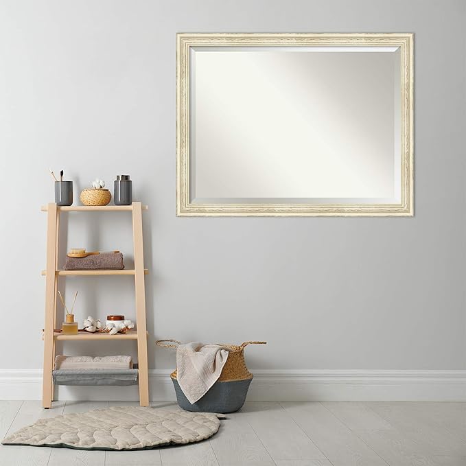 Amanti Art White Bathroom Mirror for Over Sink, 35x45 Country White Wash Rectangle Vanity Mirror, X-Large Rustic Farmhouse Wood Frame, Hangs Horizonally and Vertically, Bathroom Wall Decor, Beveled