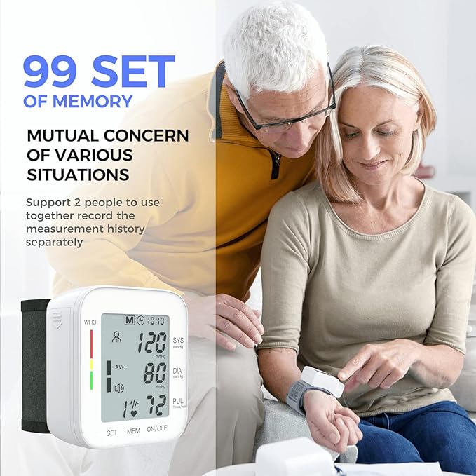 MMIZOO Wrist Blood Pressure Monitor Large LCD Display BP Machine Adjustable Cuff 5.31-7.68 inch Automatic 99x2 Sets Memory with Carrying Case for Home Use (White)