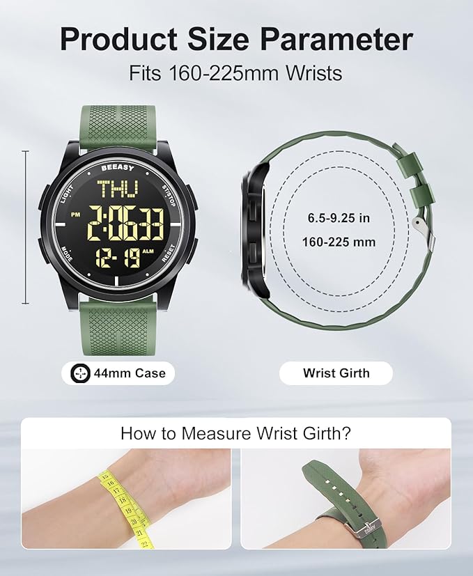Beeasy Digital Watch for Men Women, 50M Waterproof, Ultra-Thin & Lightweight, 44mm Silicone Sports Watch with Alarm, Stopwatch, Countdown, Ideal for Gym, Running, School, Daily Wear