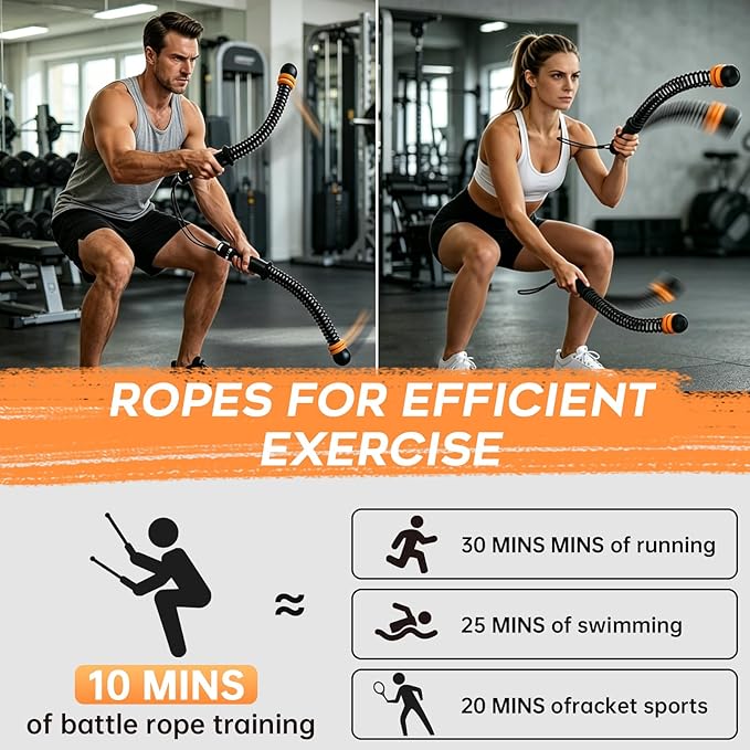 Adjustable Weighted Ropeless Battle Ropes – Portable Cordless Workout Ropes with Resistance Rings, All-Steel Springs & Non-Slip Handles for Home Gym, HIIT, Strength Training – Men & Women（Black）