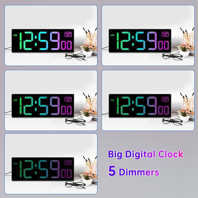Soobest Large LED Digital Wall Clock 8 RGB Color Changing Display, Corded Plug in Electric Digital Clock with Seconds for Living Room Bedroom Desk Table Office, 5 Dimmers, Auto DST, 10 Inches