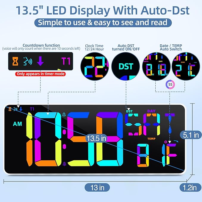 Large Digital Wall Clock Timer 13.5" Large Display Available In 11 Color Modes LED Wall Clock with Temperature Day of the Week Clock Auto-Dimming for Home Gym Office 2 Groups Alarm 25 Music Ringtones