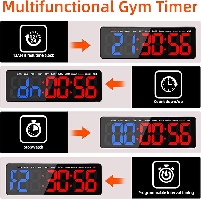 13" Gym Timer Clock, Workout Interval Timer with Remote Control, Count Down & Up Stopwatch, Adjustable Brightness, Large LED Digital Display, Fitness Digital Clock for Home/Garage/Boxing
