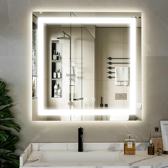40"x 40" LED Bathroom Mirror, Backlit + Front Lit, LED Bathroom Mirror with Lights for Wall, 3 Colors, Anti-Fog, Dimmable Brightness, Memory Function, Tempered Glass