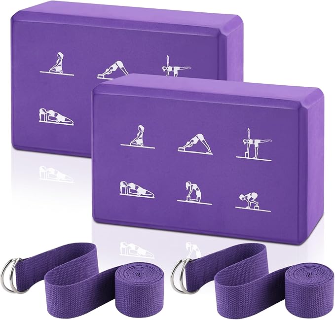 2 Yoga Block and 2 Yoga Strap Set,Non-slip EVA Foam Blocks, High Density Yoga Bricks with 6ft Strap, Supportive Latex-Free Yoga Block Accessories for Pilates