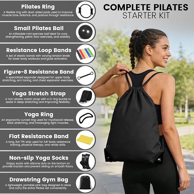 Pilates Kit for Women 13PCS, Pilates Ring and Ball Set with Magic Circle, Resistance Bands Set, Figure 8 Band, Yoga Ring & Grip Socks, Home Workout Equipment Essentials Starter Kit for Beginners