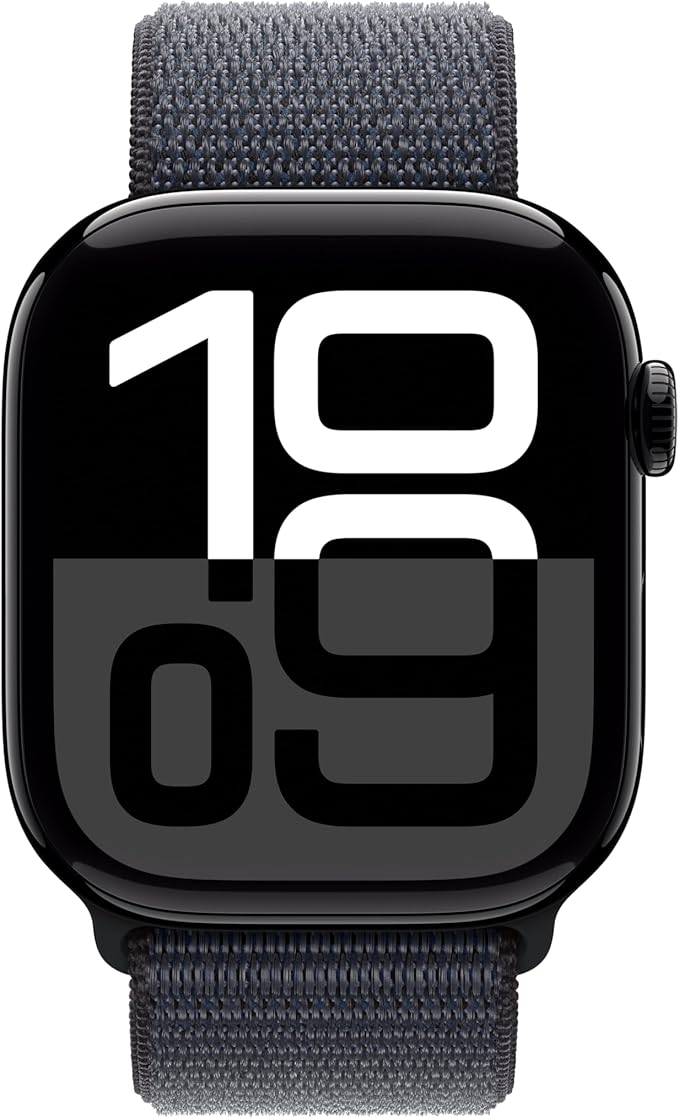 Apple Watch Series 10 [GPS 46mm] with Jet Black Aluminium Case with Ink Sport Loop. Fitness Tracker, ECG App, Always-On Retina Display, Carbon Neutral with AppleCare+ (2-years)