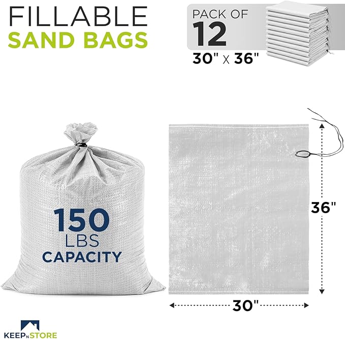 Heavy Duty Sand Bags Pack of 12, White Empty Sandbags with Built-In Ties, Woven Polypropylene UV Protection 1600 Hours, Fillable Bags for Flood Control, Weight, 30x36 inches, 150 Pounds Volume