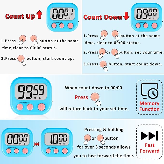 ZILLEEN Classroom Timers for Kids Classroom Magnetic Digital Kitchen Timers for Cooking Teachers Gym Game 6 Pcs Blue Green Pink Purple Yellow Orange