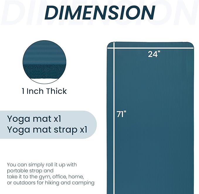 Signature Fitness 71x24 Inches Extra Thick Yoga Mat 1-Inch High-Density Foam – Roll-Up Exercise Pad with Double-Sided Non-Slip Surface and Carrying Strap for Pilates and Home Workouts, Multiple Colors