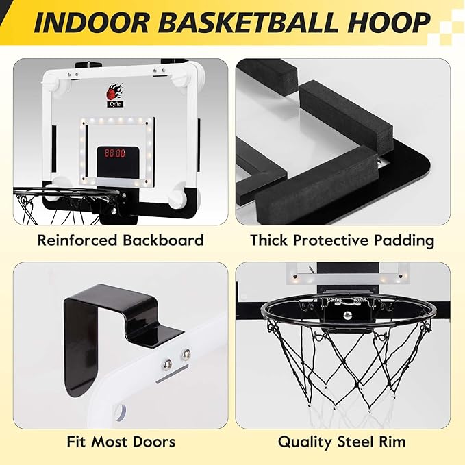 CYFIE LED Basketball Hoop, Suction Cup/Over The Door Basketball Hoop with Sturdy Backboard/Electronic Scoreboard, Sound, 3 Balls, Mini Indoor Basketball Toy Gifts for Kids Teens Boys Girls Youth