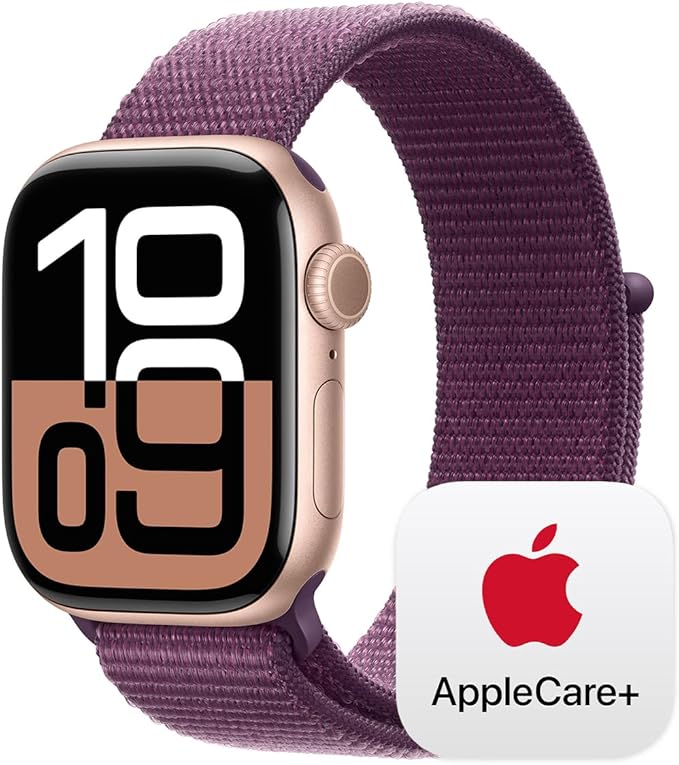 Apple Watch Series 10 [GPS 42mm] with Rose Gold Aluminium Case with Plum Sport Loop. Fitness Tracker, ECG App, Always-On Retina Display, Carbon Neutral with AppleCare+ (2-years)