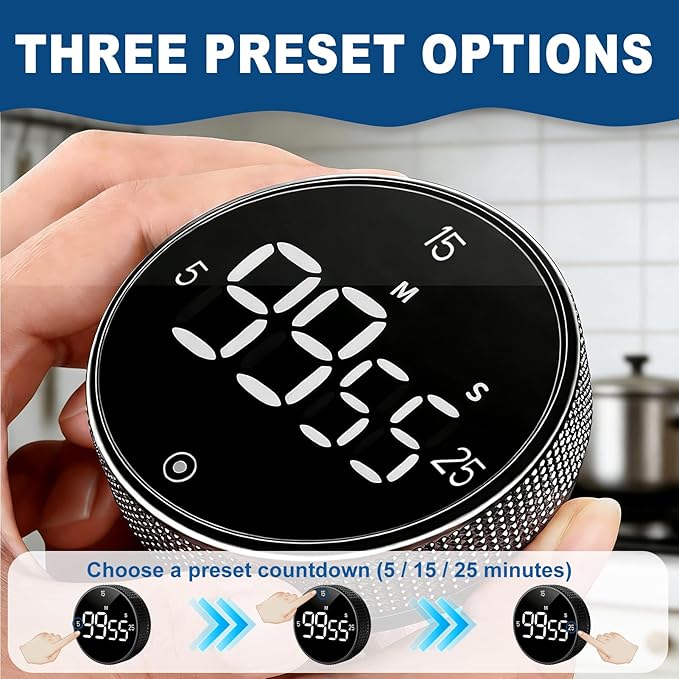 Magnetic Kitchen Timer with Large LED Digital Display, Countdown Countup Visual timers with 3 Volume Levels, 3 Preset 5/15/25 Mins Adjustable Productivity Alarm for Cooking Classroom Fitness Studying