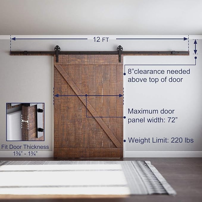 SMARTSTANDARD 12 Feet Heavy Duty Sliding Barn Hardware Kit, 4FT - 18FT, Black, Smoothly and Quietly, Simple and Easy to Install, Fit 72" Wide Door Panel (Industrial Bigwheel Hangers)