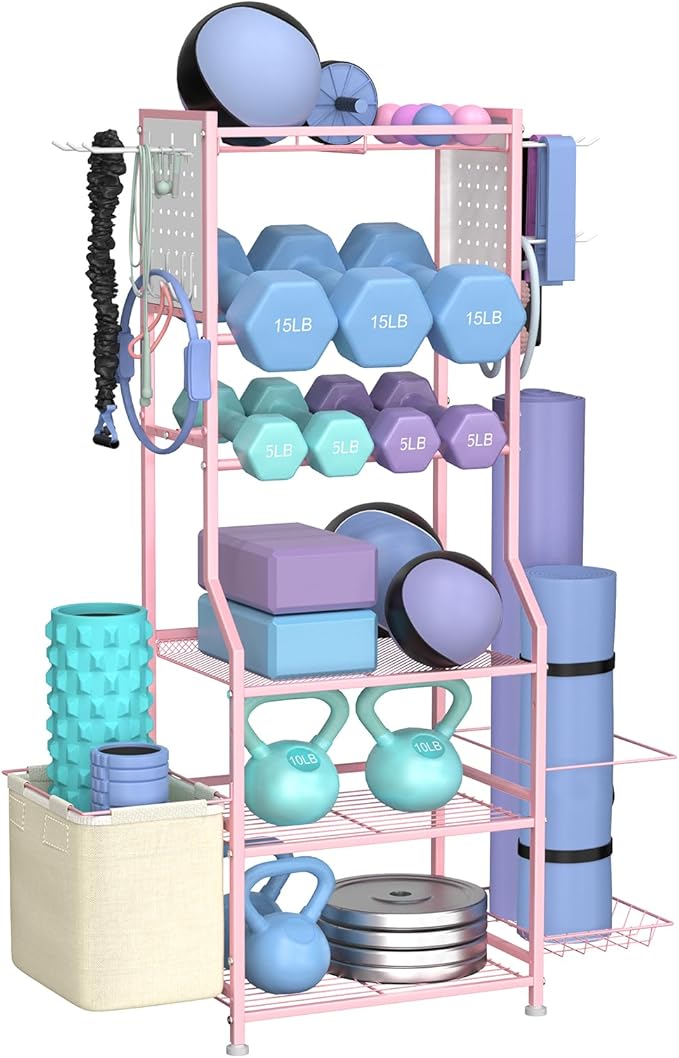 Dumbbell Rack, Home Gym Storage for Kettlebells, Yoga Mat & Strength Training Equipment, Weight Rack With Peg Board Organizer, Workout Gym Equipment Storage