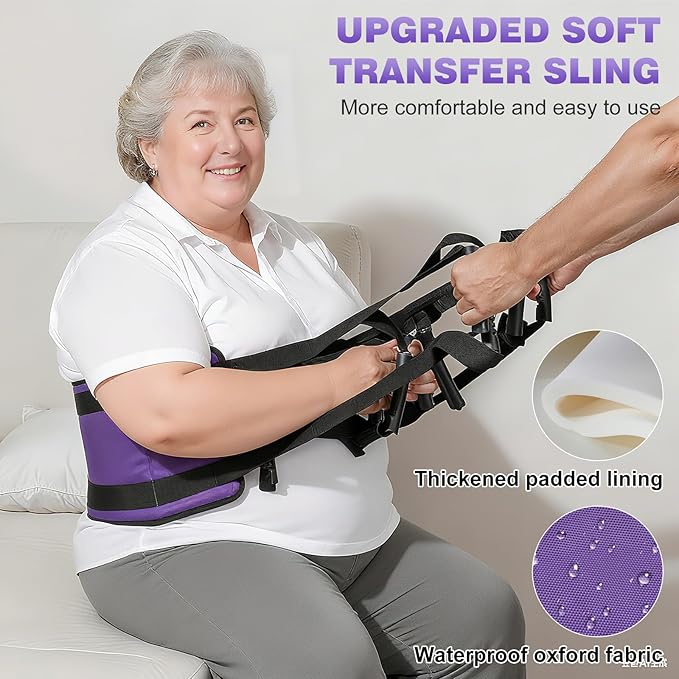 Rhino Valley Transfer Sling, Gait Belt with 10 Padded Handles, Non-Slip Nursing Transfer Belt, Safety Standing and Lifting Aid for Disabled, Elderly, Seniors, Injured, Purple+Black