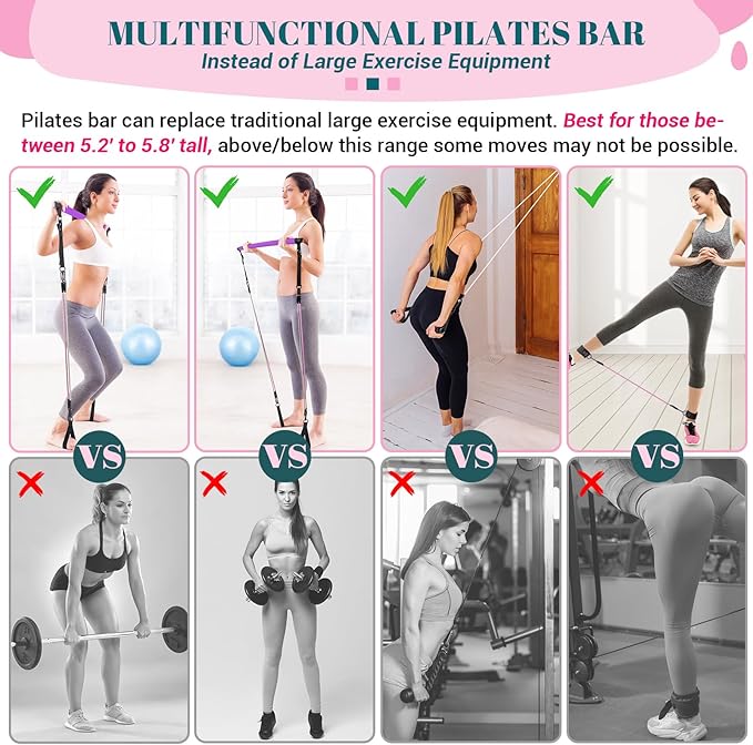 COFOF Pilates Bar Kit with Resistance Bands, Multifunctional Yoga Pilates Bar with Heavy-Duty Metal Adjustment Buckle, Portable Home Gym Pilates Resistance Bar Kit for Women Full Body Workouts