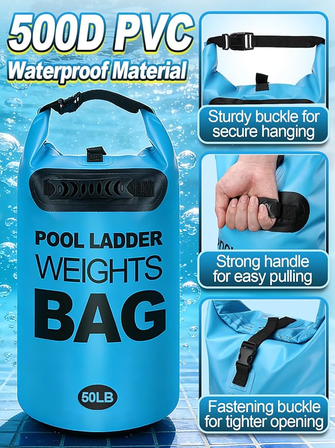 Cosweet 2 Pack Heavy Duty Pool Ladder Weights - 50lb Easy to Fill Anchor Bags, 500D PVC Waterproof Sand Bags with Handles & Secure Buckle Closure to Stabilize Above Ground Swimming Pool Steps