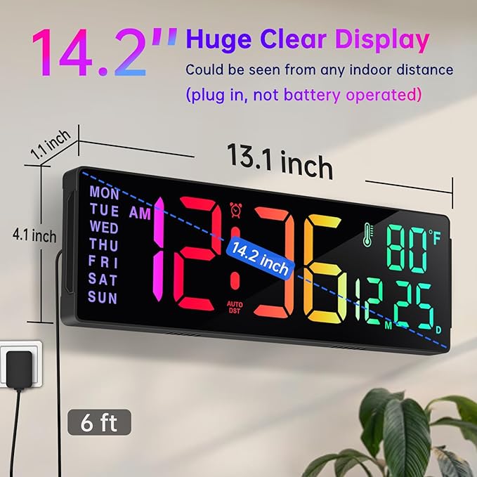 Soobest 14.2" Large Display Digital Wall Clock with Date Day of Week Temp Timer, Electric 8-in-1 Color Changing Big LED Clock for Elderly Seniors, Auto DST, Remote Control for Living Room Home Gym