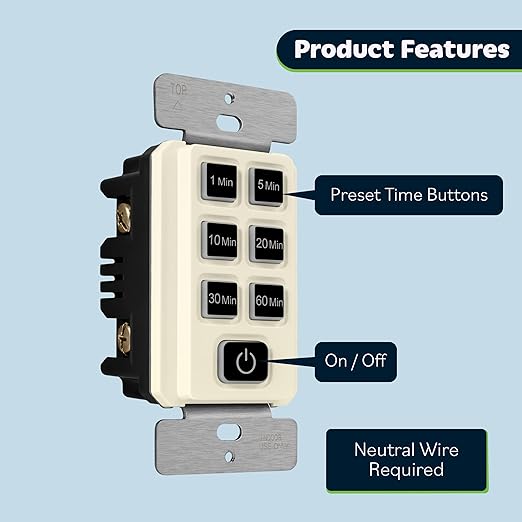 TOPGREENER 1-Hour Countdown Timer Switch, 1-5-10-20-30-60 Min, for Fans and Lights, LED Indicator, 120VAC 60Hz, 1/2HP, 150W LED, Neutral Wire Required, UL Listed, TGT06-1H-RT-LA, Light Almond
