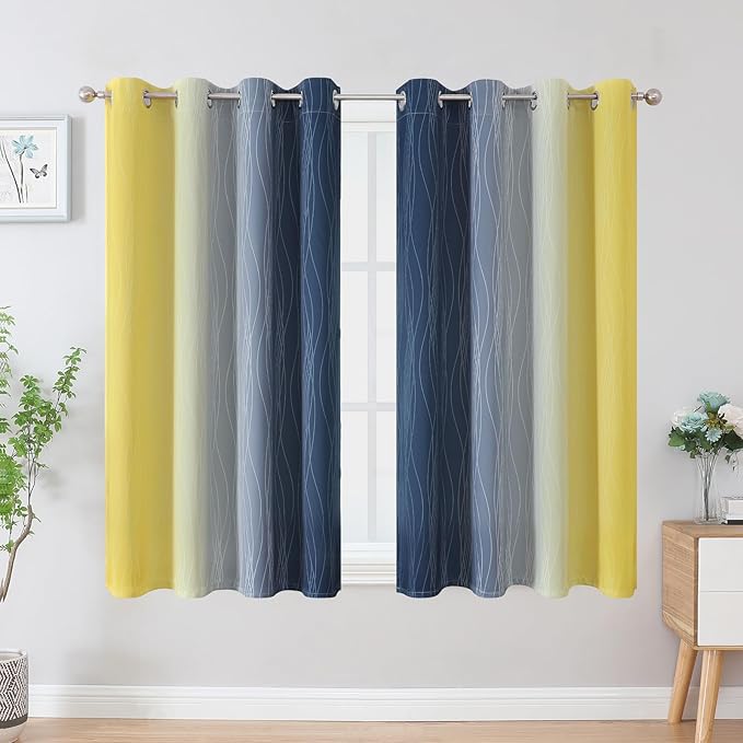 Estelar Textiler Navy Blue and Yellow Blackout Curtains 45 Inch Length, Full Light Blocking Gradient Drapes for Kitchen, Thermal Insulated Grommet Ombre Curtains for Bathroom,52Wx45L,2 Panels