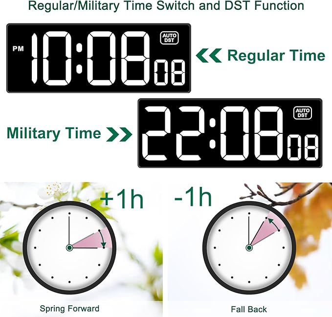 Soobest LED Digital Wall Clock with Seconds, Electric Clock Plug Auto DST Dimmer LED Large Display 10 Inches (White)
