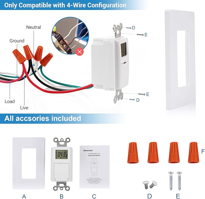 DEWENWILS Indoor in Wall Timer Switch for Light, Single-Pole,7 Day, 7 ON/Off Settings, DST RND Mode, Programmable Digital Switch Timer for Lights, Fans, Motors, Neutral Wire Required, ETL Listed