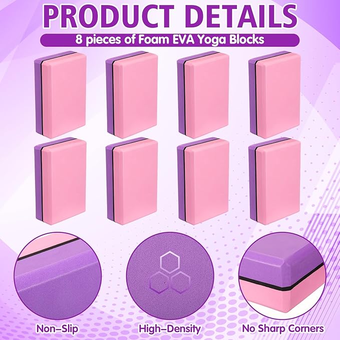 Silipull 8 Pack Yoga Blocks 9 x 6 x 2.8 Inch EVA Foam Pilates Blocks Pilates Stretching and Meditation Exercise for Home Workouts Dance Gymnastics Exercise Lightweight Yoga Supplies