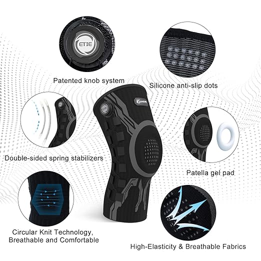 Kuangmi Knob Knee Brace for Pain Relief, Knee Support with Patella Gel Pad & Side Stabilizers, Compression Knee Sleeve for Workout, Arthritis, Joint Pain, Meniscus Tear (Black,Left,XX-Large,Single)