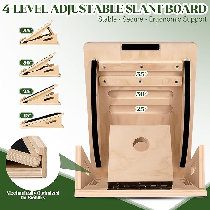 2-in-1 Wooden Slant Board & Balance Board, Adjustable Incline Calf Stretcher (15°–30°) for Plantar Fasciitis Relief & Balance Training, Portable Wood Incline Board with Resistance Bands