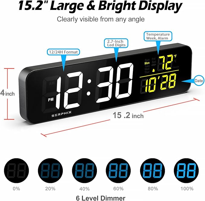 15.2" Gym Timer, App & Remote Control, Customizable LED Colors, Temperature, Date, Workout Interval Timer Stopwatch Countdown Large Digital Wall Clock for Home Gym Garage