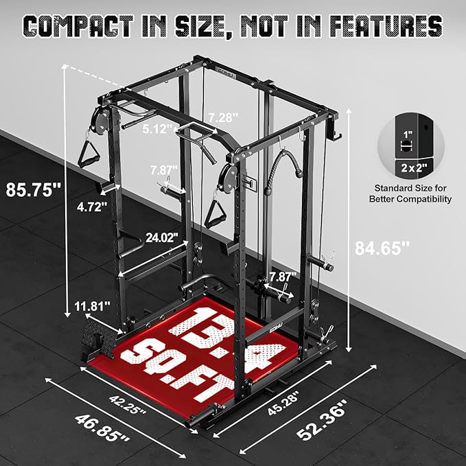 R1-V4 Power Cage Rack, 2000LB Squat Rack with Cable Crossover System, Multi-Function Weight Cage, Home Gym Workout Machine with More Training Attachments