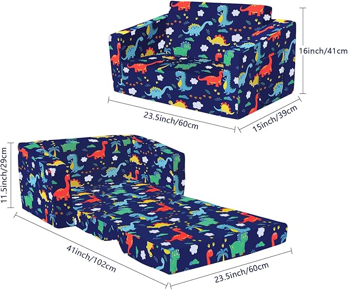 Kids Couch Convertible Sofa to Lounger for Toddler Boy, Foldable 2-in-1 Kids Sofa Bed, Toddler Chairs Comfy for Bedroom Playroom, Blue Dinosaur