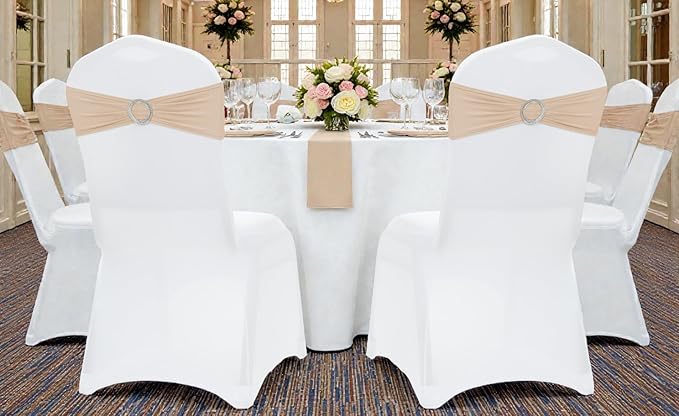 VDS - Champagne | Spandex Chair Sashes Bows | 10 PCS | Stretch Elastic Banquet Universal Folding Chair Band Tie with Silver Buckle Slider for Wedding Party Conference Celebration Event Decoration