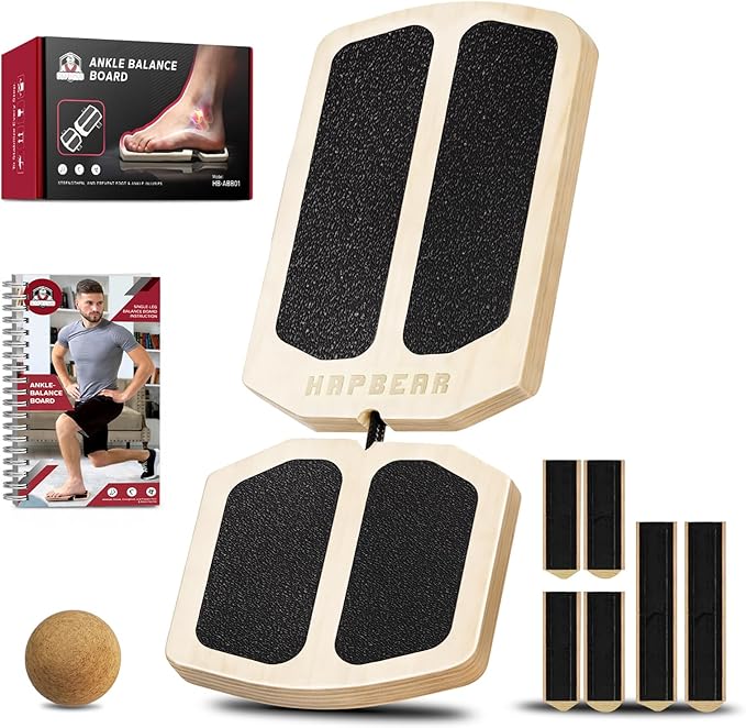 HAPBEAR Single Leg Balance Board - Ankle Strengthener & Foot Balance Board for Conditioning & Stability - 80 Configurations w/ Training Guide & Cork Ball - Ankle Board for Home Gym & Office, Natural Wood
