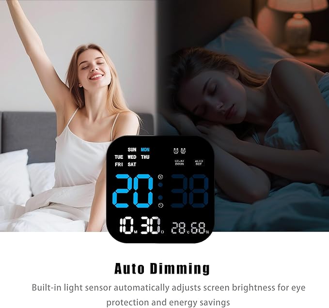 Large Digital Wall Clock with Date,Timer, Dimmer, Temperature,Humidity, Auto DST,Decor for Living Room, Bedroom, Office, Gym, Garage (Blue) 8803