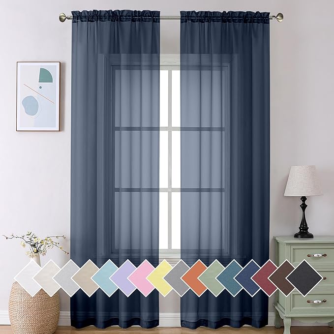 Aiyufeng Long Navy Blue Sheer Curtains 96 inches Long for Living Room, Privacy Sheer Curtains Window Treatment Translucent Sheer Drapes for Farmhouse/Cottage, 40" Wide (2 Panels)