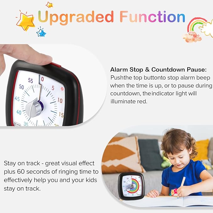 Secura 60-Minute Visual Timer, Silent Study Timer for Kids and Adults, Time Clocks, Time Management Countdown Timer for Teaching (Black & Cloud)