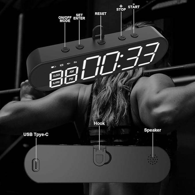 Portable Gym Timer, Interval Timer for Workout with Time Rounds, Stopwatch, Alarm Clock, Countdown, 1000mAh Large Battery Workout Clock for Tabata Fitness